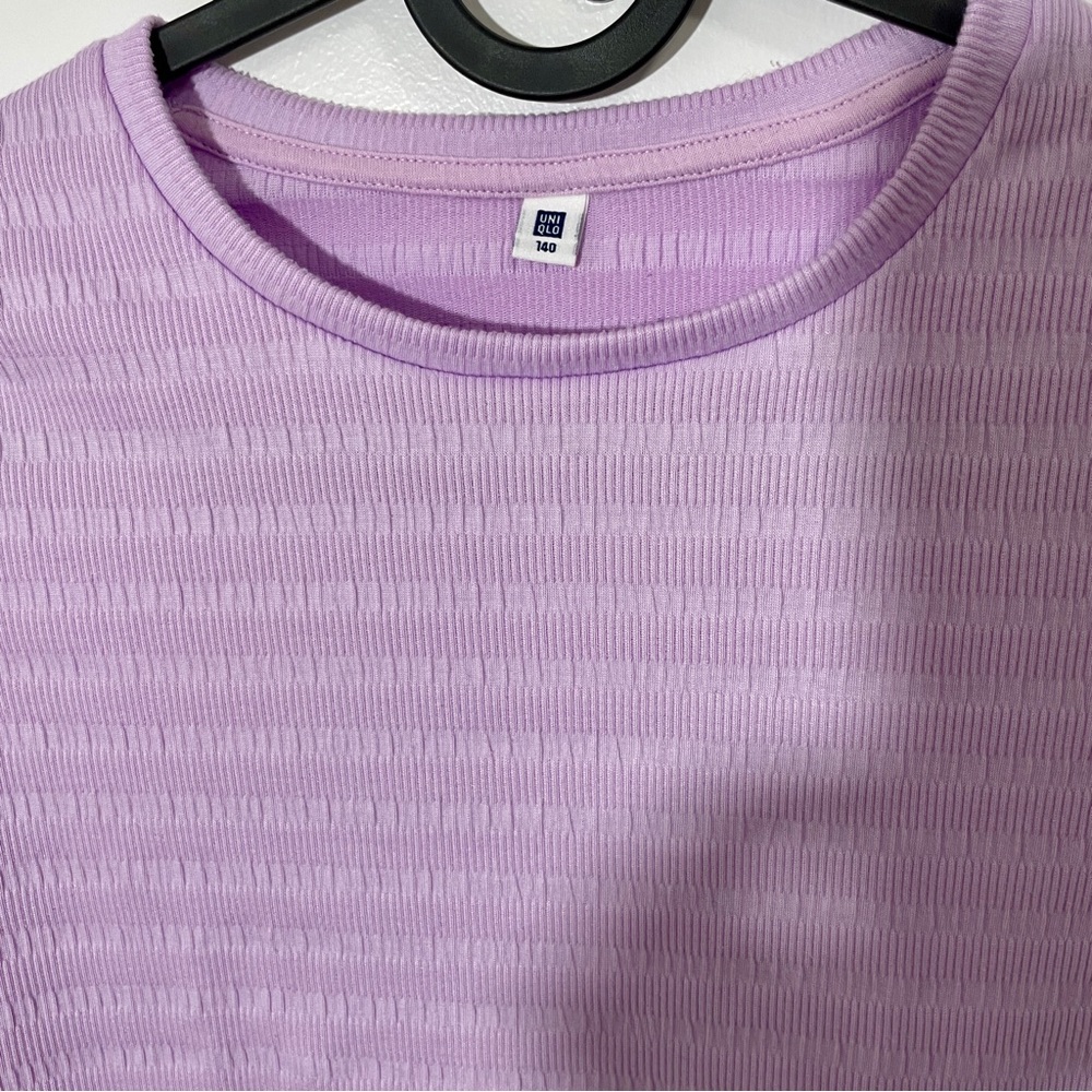 Uniqlo Kid's Shirred Frilled Hem T-Shirt Purple Striped Short Sleeve Top - Picture 3 of 3